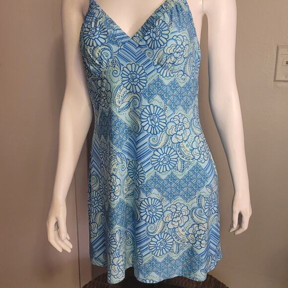 Vintage 90s Batik Slip Dress Aqua Floral Adjustable Straps Sz L Y2K Indie Trippy - Picture 7 of 10